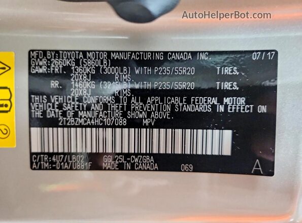 2T2BZMCA4HC107088 2017 LEXUS RX Beige VIN կոդի պիտակի տեսք