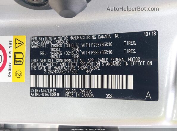 2T2BZMCA4KC171509 2019 LEXUS RX 350 Silver Widok komory silnika