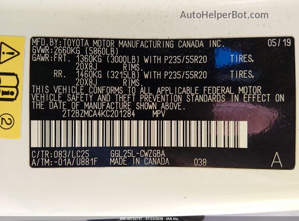 2T2BZMCA4KC201284 2019 LEXUS RX 350 White Вид підкапотного простору