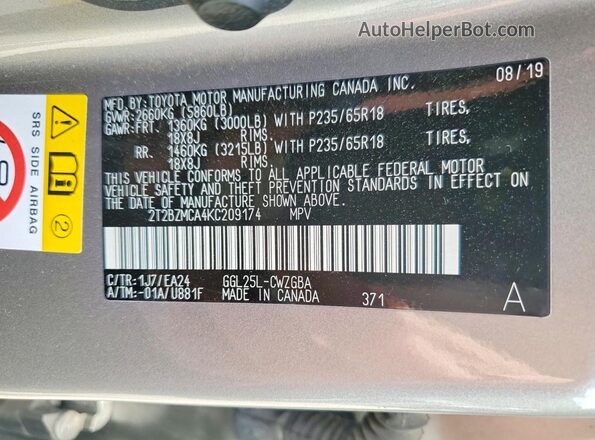 2T2BZMCA4KC209174 2019 LEXUS RX Silver Vista de la etiqueta del VIN