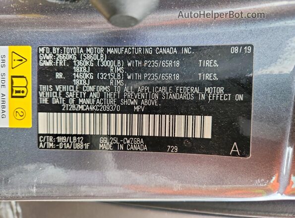 2T2BZMCA4KC209370 2019 LEXUS RX Gray VIN კოდის სტიკერის ხედი