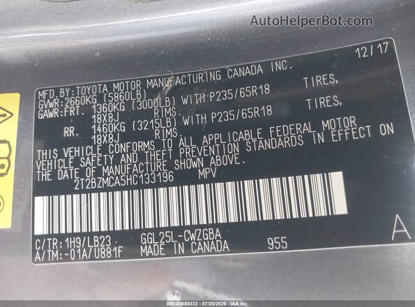 2T2BZMCA5HC133196 2017 LEXUS RX 350 Серый Вид подкапотного пространства