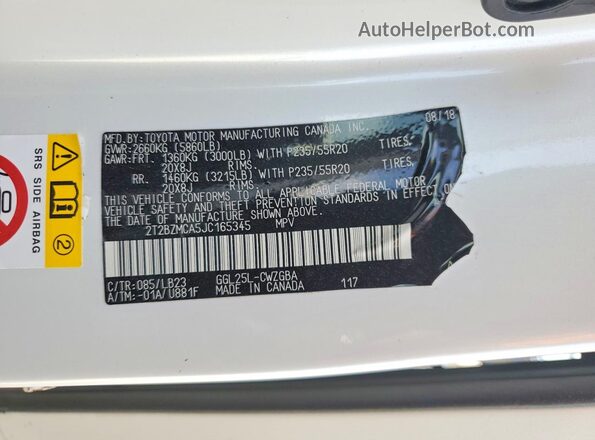 2T2BZMCA5JC165345 2018 LEXUS RX White Widok naklejki z numerem VIN