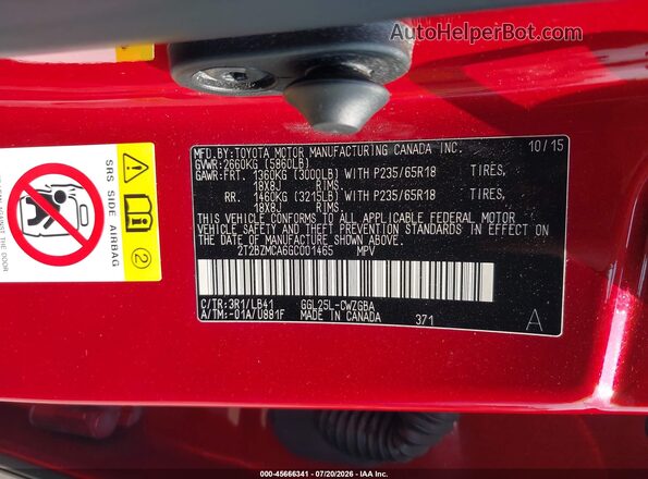 2T2BZMCA6GC001465 2016 LEXUS RX 350 Red Вид підкапотного простору