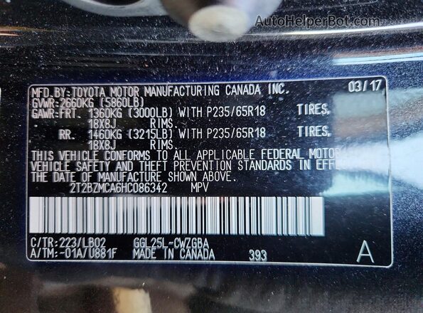 2T2BZMCA6HC086342 2017 LEXUS RX Черный Вид наклейки с VIN-кодом