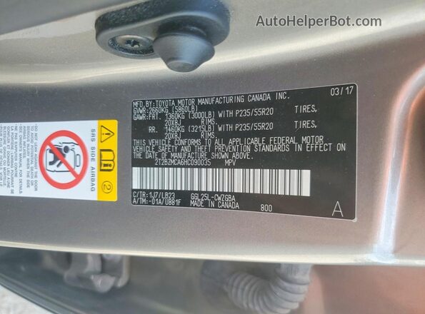 2T2BZMCA6HC090035 2017 LEXUS RX Gray VIN sticker view