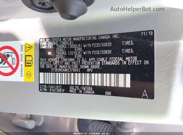 2T2BZMCA8KC178043 2019 LEXUS RX 350 Silver Engine compartment view