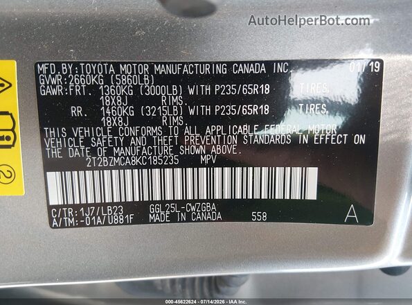 2T2BZMCA8KC185235 2019 LEXUS RX 350 Silver Engine compartment view