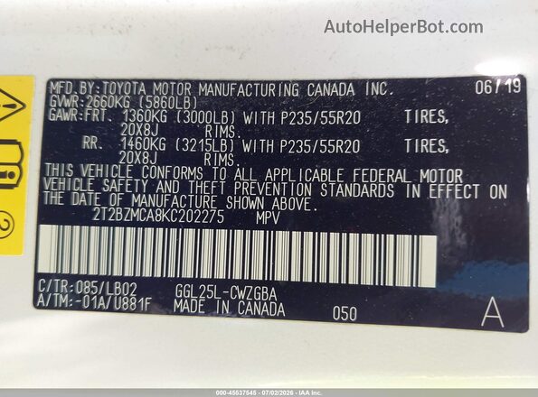 2T2BZMCA8KC202275 2019 LEXUS RX 350 White ძრავის განყოფილების ხედი