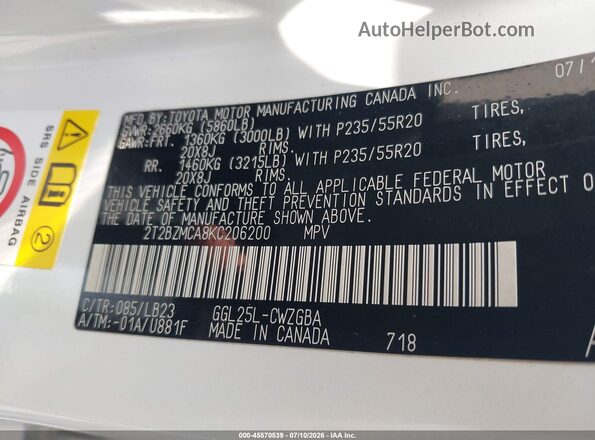 2T2BZMCA8KC206200 2019 LEXUS RX 350 White Вид підкапотного простору