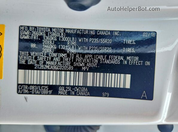 2T2BZMCA9GC020589 2016 LEXUS RX Белый Вид наклейки с VIN-кодом