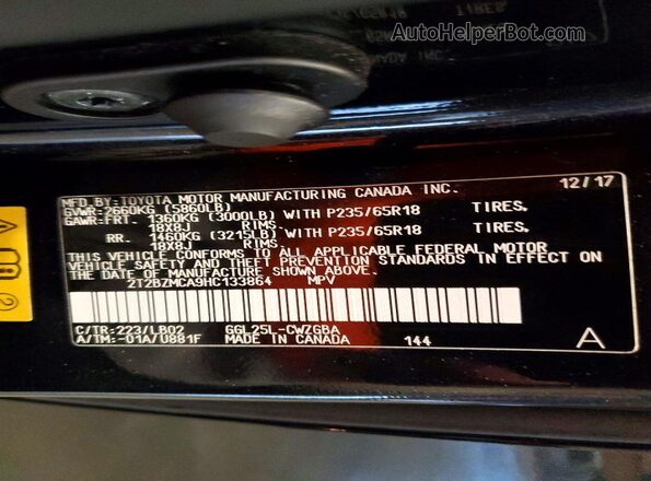2T2BZMCA9HC133864 2017 LEXUS RX Black Widok naklejki z numerem VIN