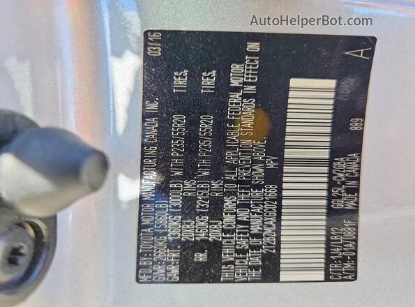 2T2BZMCAXGC021668 2016 LEXUS RX Silver Widok naklejki z numerem VIN