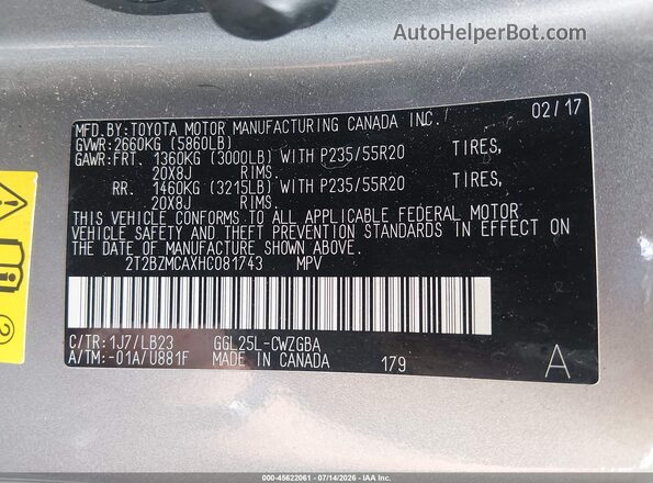 2T2BZMCAXHC081743 2017 LEXUS RX 350 Серебряный Вид подкапотного пространства