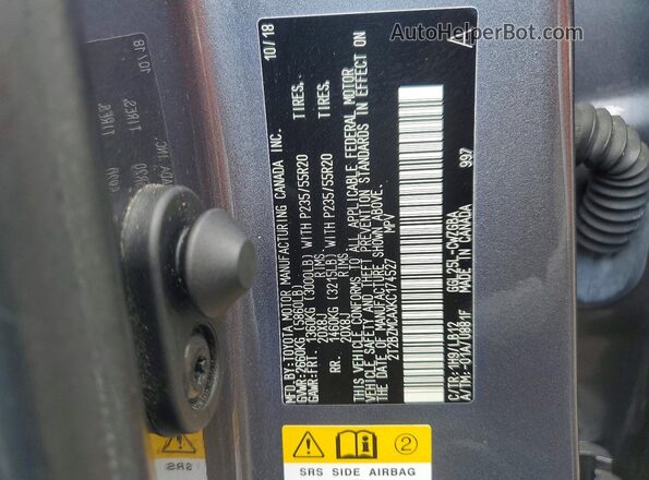 2T2BZMCAXKC174527 2019 LEXUS RX Gray VIN sticker view
