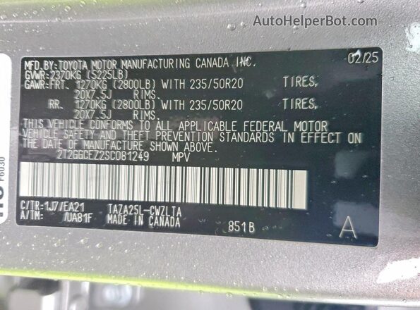 2T2GGCEZ2SC081249 2025 LEXUS NX Gray Vista de la etiqueta del VIN