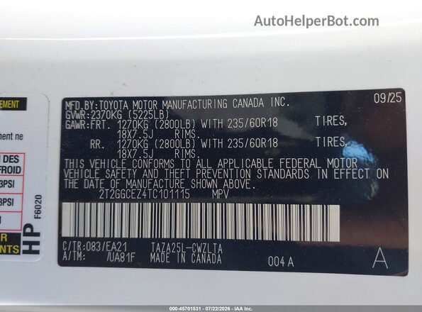 2T2GGCEZ4TC101115 2026 LEXUS NX 350 Белый Вид подкапотного пространства