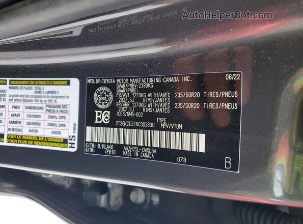 2T2GKCEZ7NC003830 2022 LEXUS NX Gray Vista de la etiqueta del VIN