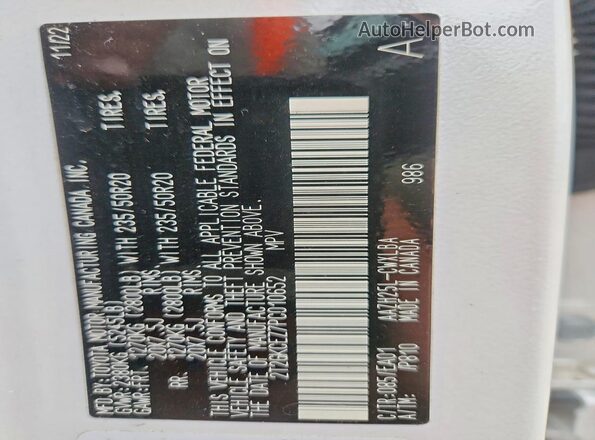 2T2GKCEZ7PC010652 2023 LEXUS NX White VIN կոդի պիտակի տեսք