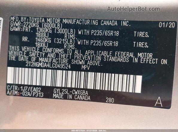 2T2HGMDA4LC049524 2020 LEXUS RX 450H Silver Շարժիչի բաժամունքի տեսք
