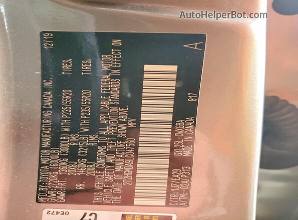 2T2HGMDA9LC047560 2020 LEXUS RX Silver Vista de la etiqueta del VIN