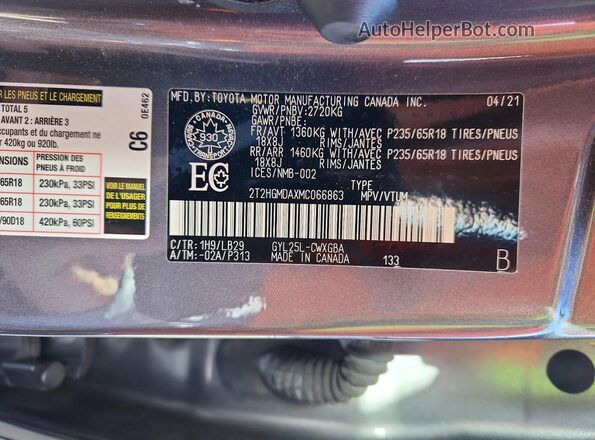 2T2HGMDAXMC066863 2021 LEXUS RX Charcoal VIN კოდის სტიკერის ხედი