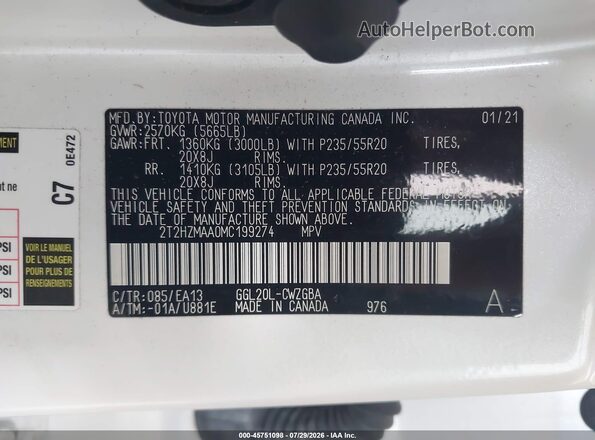 2T2HZMAA0MC199274 2021 LEXUS RX 350 White Engine compartment view