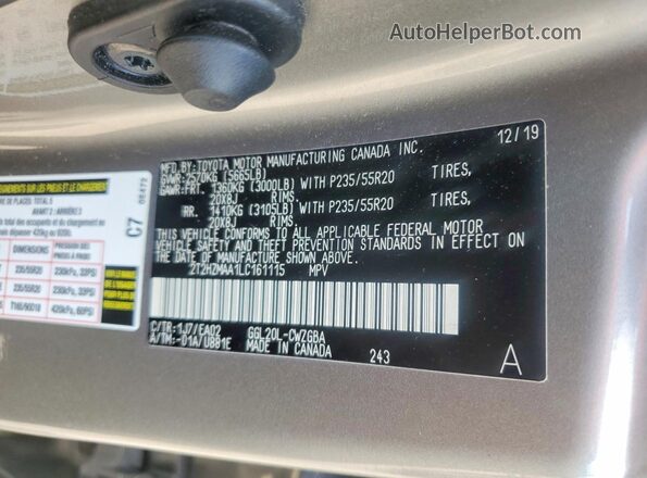 2T2HZMAA1LC161115 2020 LEXUS RX Gray VIN կոդի պիտակի տեսք