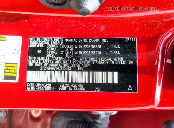 2T2HZMAA1MC215563 2021 LEXUS RX Red VIN sticker view
