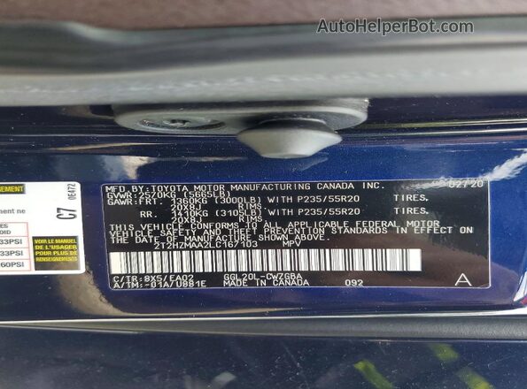 2T2HZMAA2LC167103 2020 LEXUS RX Blue VIN კოდის სტიკერის ხედი