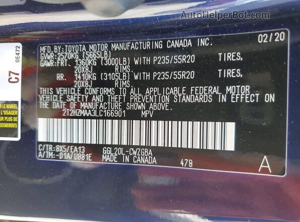 2T2HZMAA3LC166901 2020 LEXUS RX Blue Widok wnętrza 360 stopni