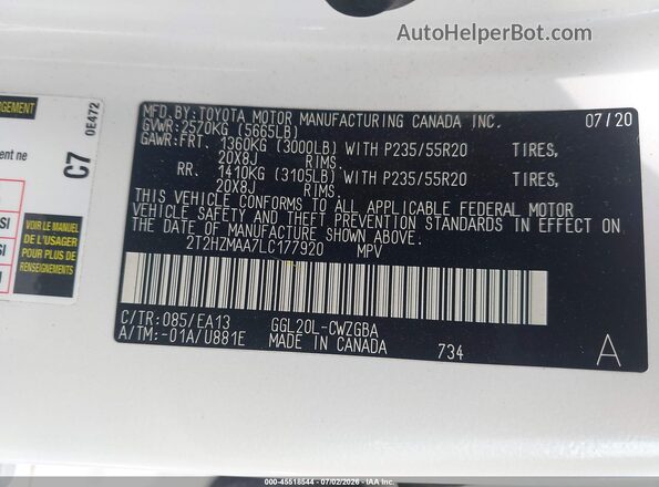 2T2HZMAA7LC177920 2020 LEXUS RX 350 White Շարժիչի բաժամունքի տեսք