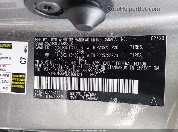 2T2HZMAA9LC168121 2020 LEXUS RX 350 Silver Вид підкапотного простору