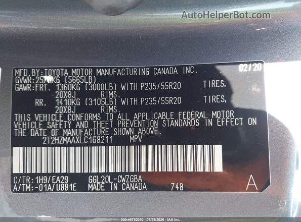 2T2HZMAAXLC168211 2020 LEXUS RX 350 Gray Widok komory silnika