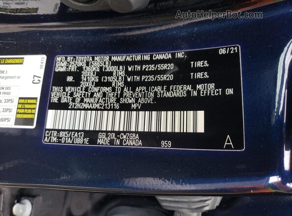 2T2HZMAAXMC213116 2021 LEXUS RX Blue VIN კოდის სტიკერის ხედი