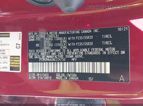 2T2HZMAAXNC224750 2022 LEXUS RX 350 Красный Вид подкапотного пространства