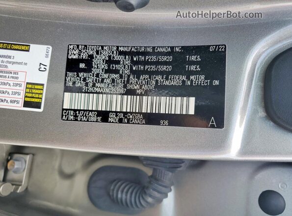 2T2HZMAAXNC253987 2022 LEXUS RX Gray Вид наклейки з VIN-кодом