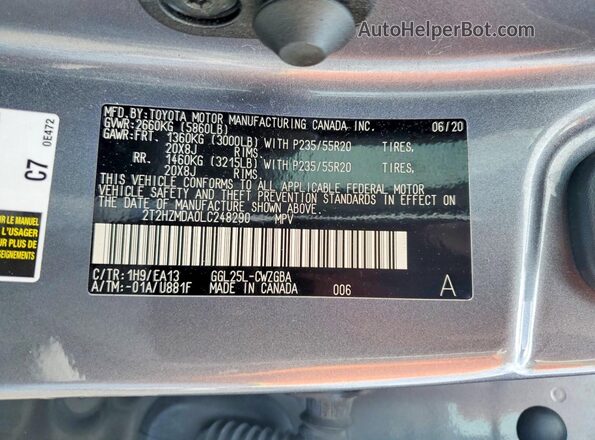 2T2HZMDA0LC248290 2020 LEXUS RX Gray Widok wnętrza 360 stopni