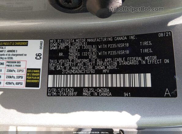 2T2HZMDA0NC310760 2022 LEXUS RX 350 Silver Vista del compartimento del motor