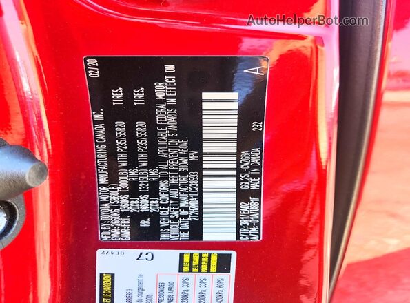 2T2HZMDA1LC238593 2020 LEXUS RX Красный Вид наклейки с VIN-кодом