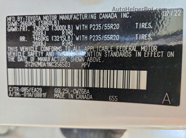 2T2HZMDA1NC356503 2022 LEXUS RX White VIN კოდის სტიკერის ხედი
