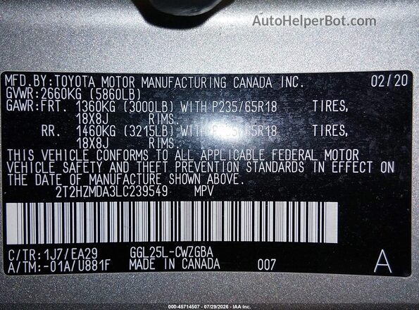 2T2HZMDA3LC239549 2020 LEXUS RX 350 Gray Շարժիչի բաժամունքի տեսք