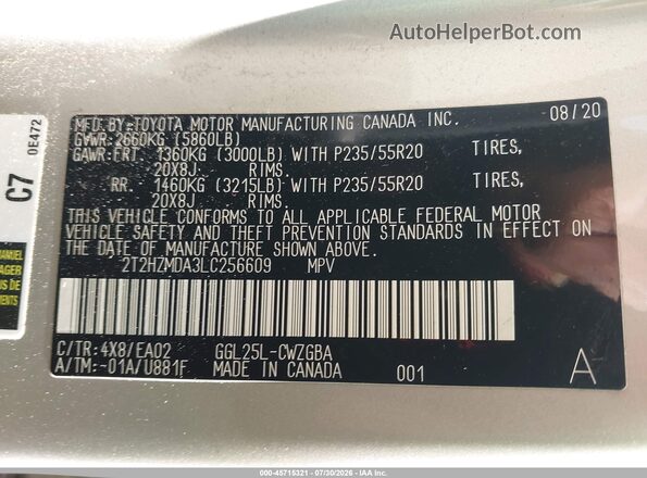 2T2HZMDA3LC256609 2020 LEXUS RX Gold Вид підкапотного простору
