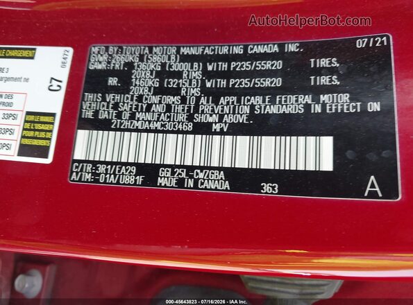2T2HZMDA4MC303468 2021 LEXUS RX 350 Red Widok komory silnika