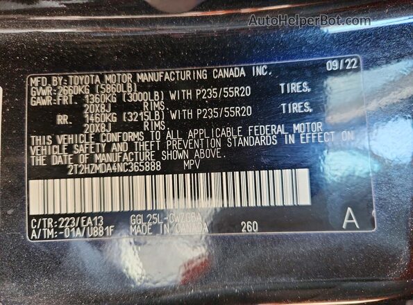 2T2HZMDA4NC365888 2022 LEXUS RX Black Widok naklejki z numerem VIN