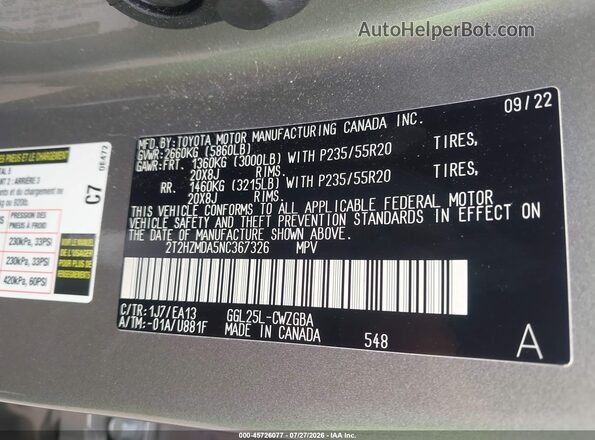 2T2HZMDA5NC367326 2022 LEXUS RX 350 Gray Вид підкапотного простору