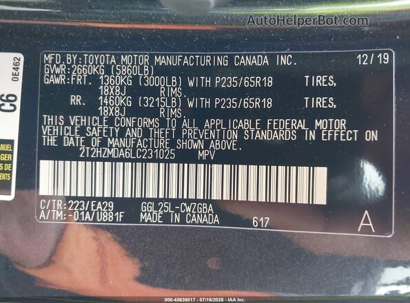 2T2HZMDA6LC231025 2020 LEXUS RX 350 Black Շարժիչի բաժամունքի տեսք