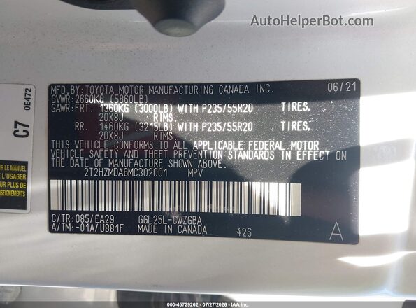 2T2HZMDA6MC302001 2021 LEXUS RX 350 White Շարժիչի բաժամունքի տեսք