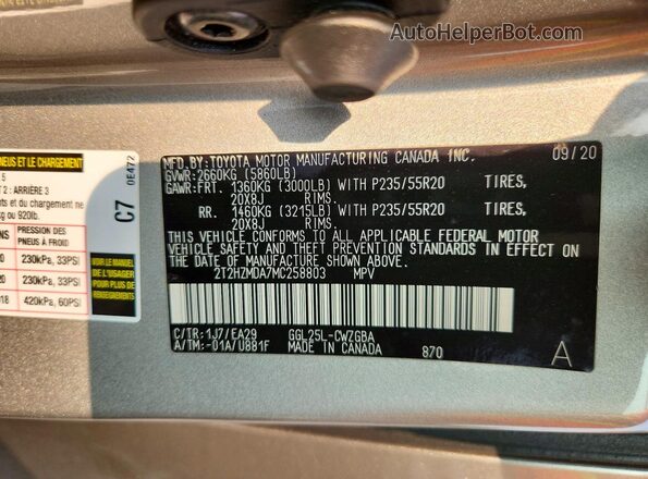 2T2HZMDA7MC258803 2021 LEXUS RX Silver Widok naklejki z numerem VIN