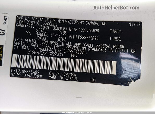 2T2HZMDA8LC227333 2020 LEXUS RX 350 Белый Вид подкапотного пространства